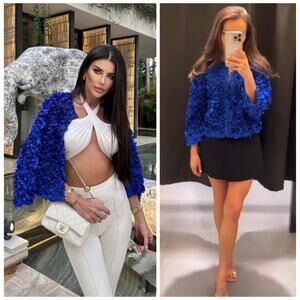 NWT Zara Cobalt Blue Texture Flower Petal Statement Jacket Blazer 2488/011 Sz S